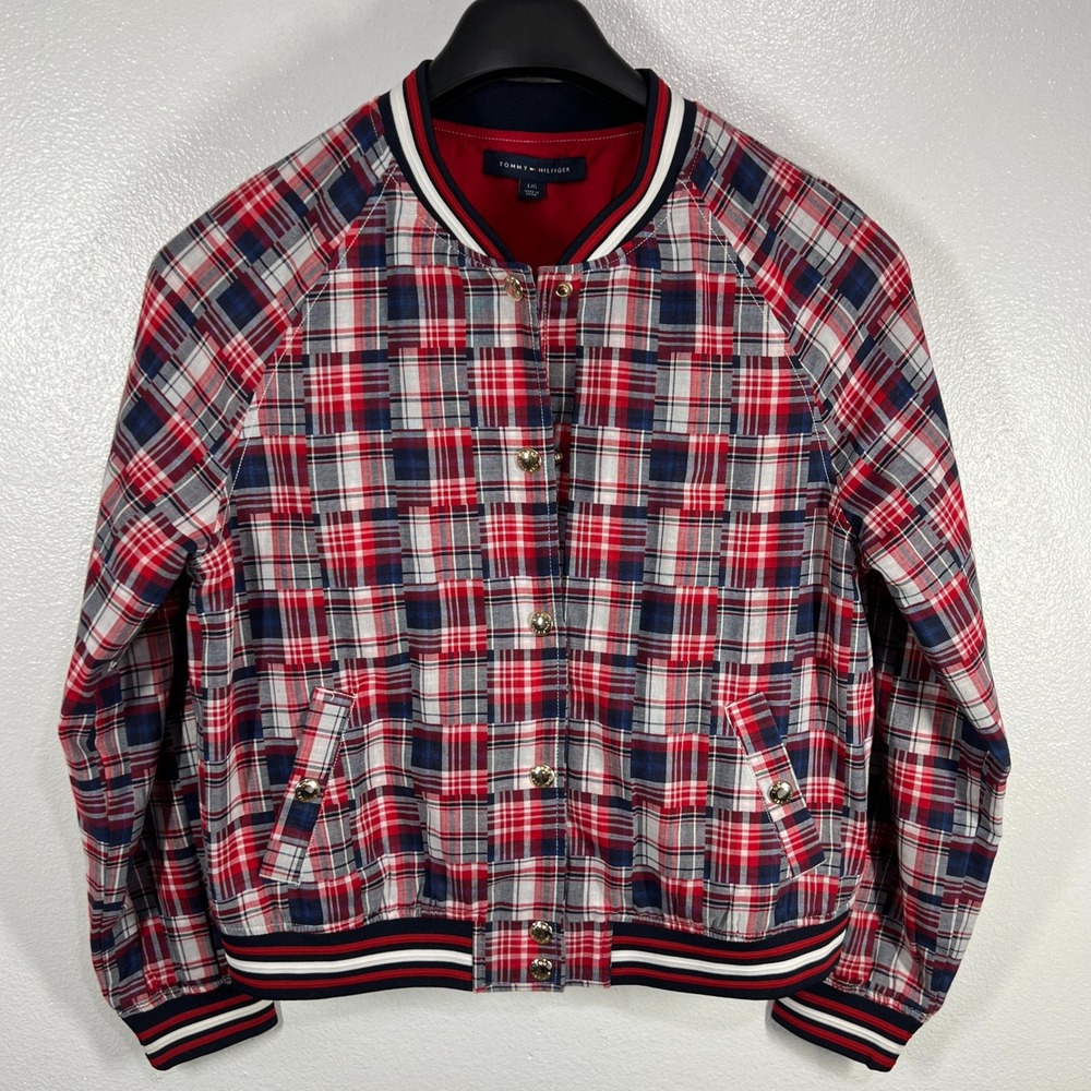 Tommy Hilfiger Patchwork‎ Plaid Varsity Jacket Red White Blue Cotton Blend Large
